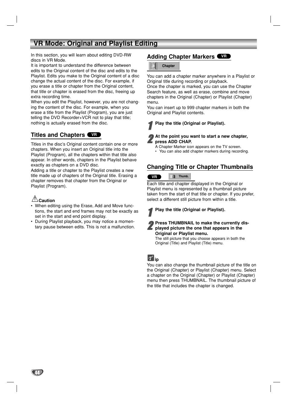 Vr mode: original and playlist editing | GoVideo VR3930 User Manual | Page 44 / 60