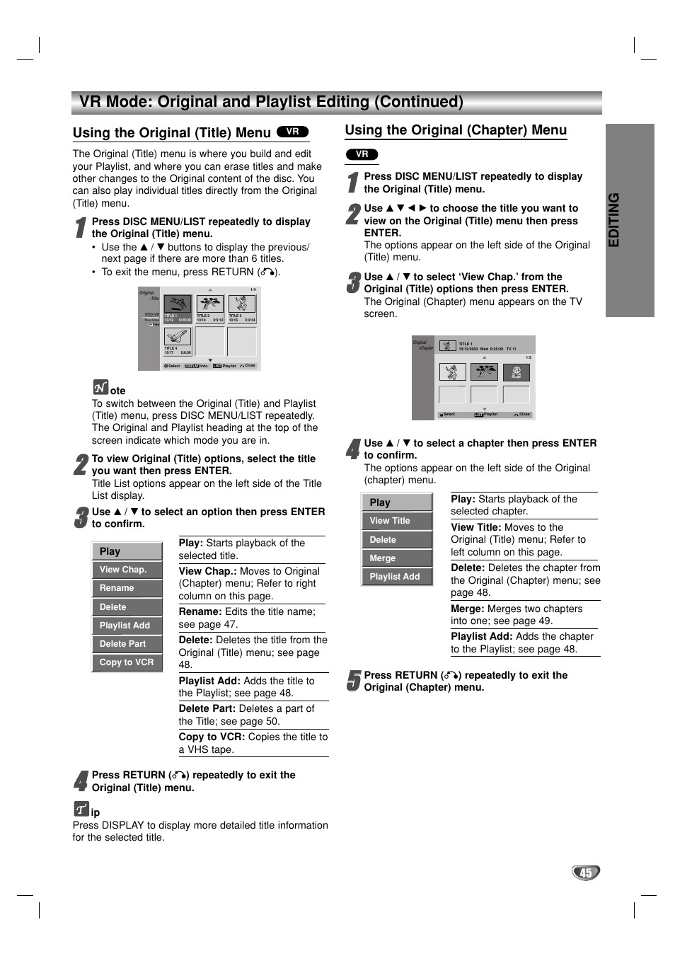 Vr mode: original and playlist editing (continued), Using the original (title) menu, Using the original (chapter) menu | Editing | GoVideo VR3930 User Manual | Page 45 / 60