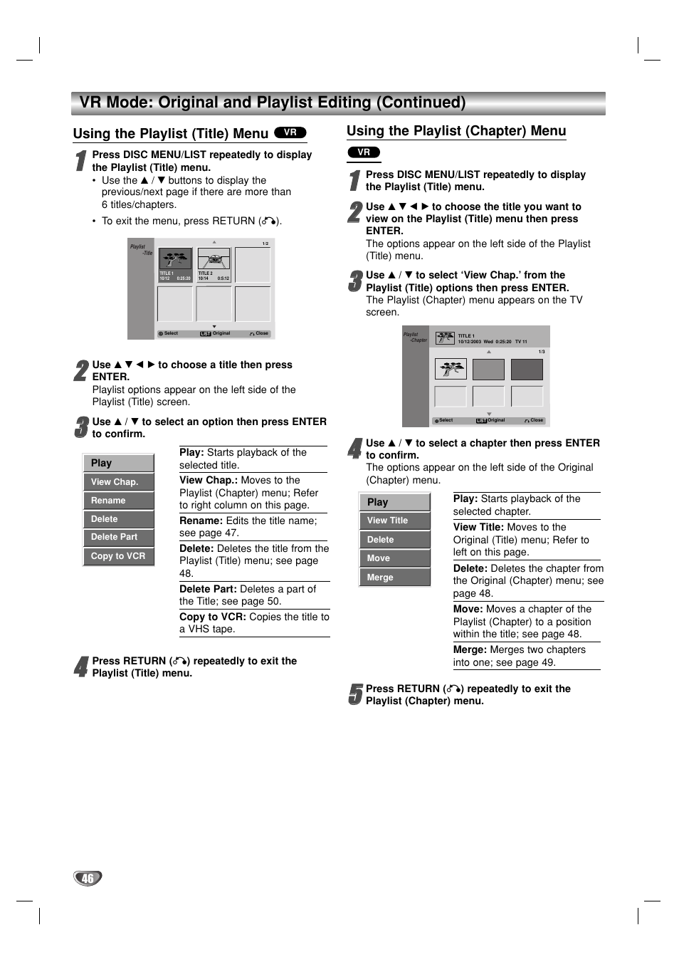 Vr mode: original and playlist editing (continued) | GoVideo VR3930 User Manual | Page 46 / 60