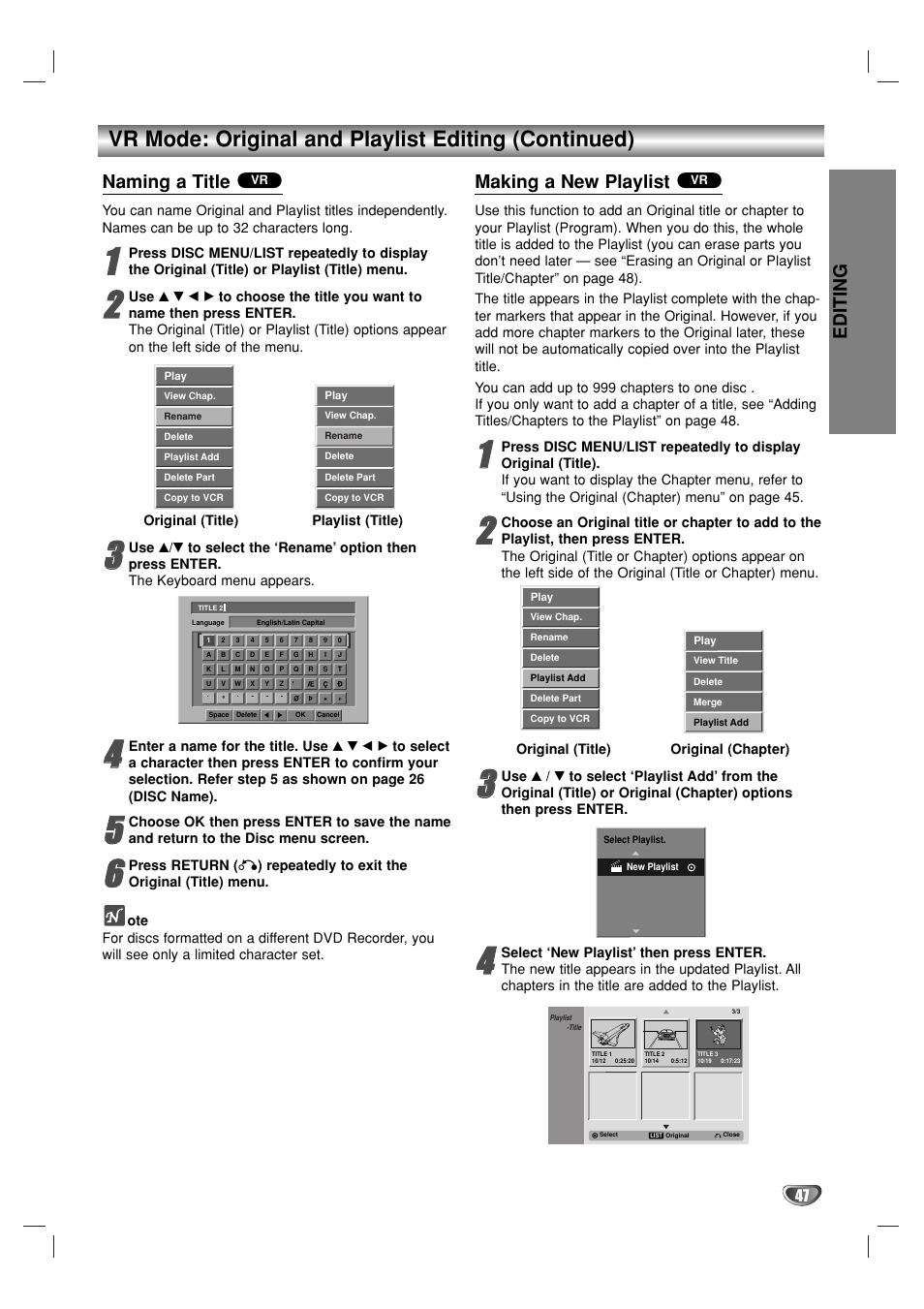 Vr mode: original and playlist editing (continued), Editing, Naming a title | Making a new playlist | GoVideo VR3930 User Manual | Page 47 / 60