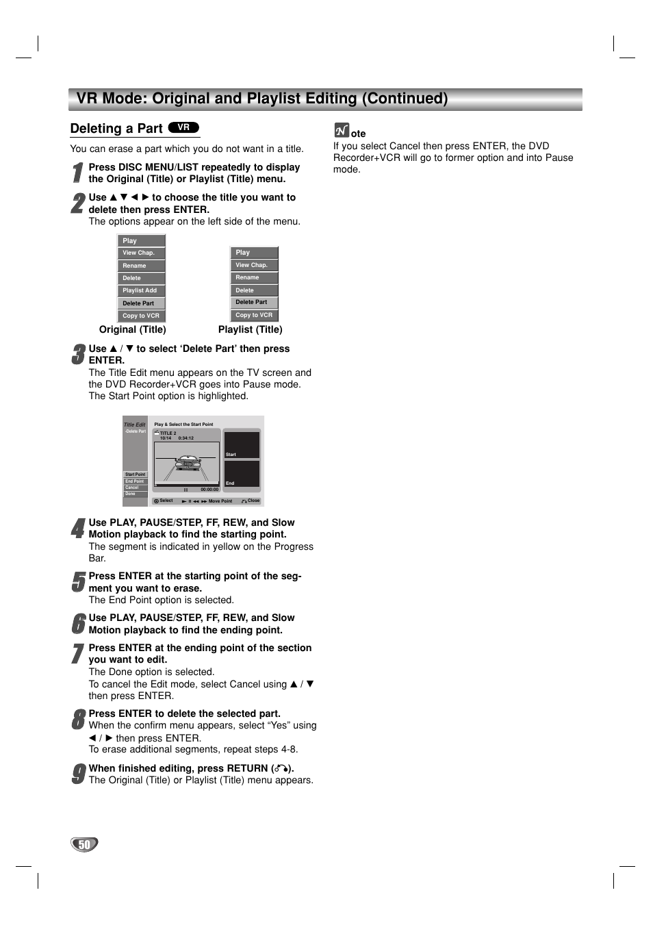 Vr mode: original and playlist editing (continued) | GoVideo VR3930 User Manual | Page 50 / 60