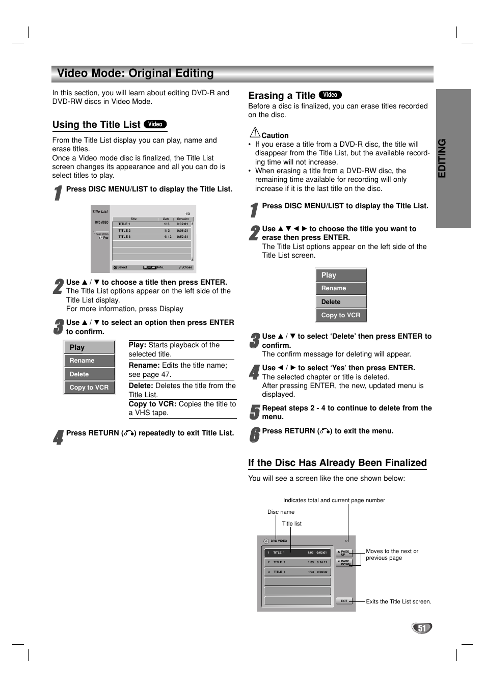 Video mode: original editing, Using the title list, Erasing a title | If the disc has already been finalized, Editing | GoVideo VR3930 User Manual | Page 51 / 60