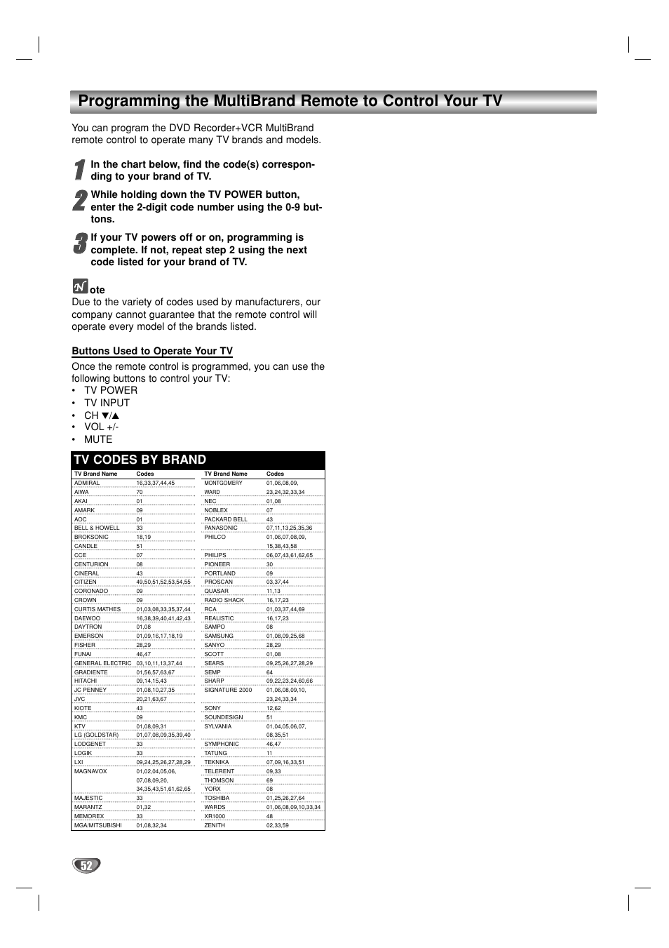 Tv codes by brand | GoVideo VR3930 User Manual | Page 52 / 60