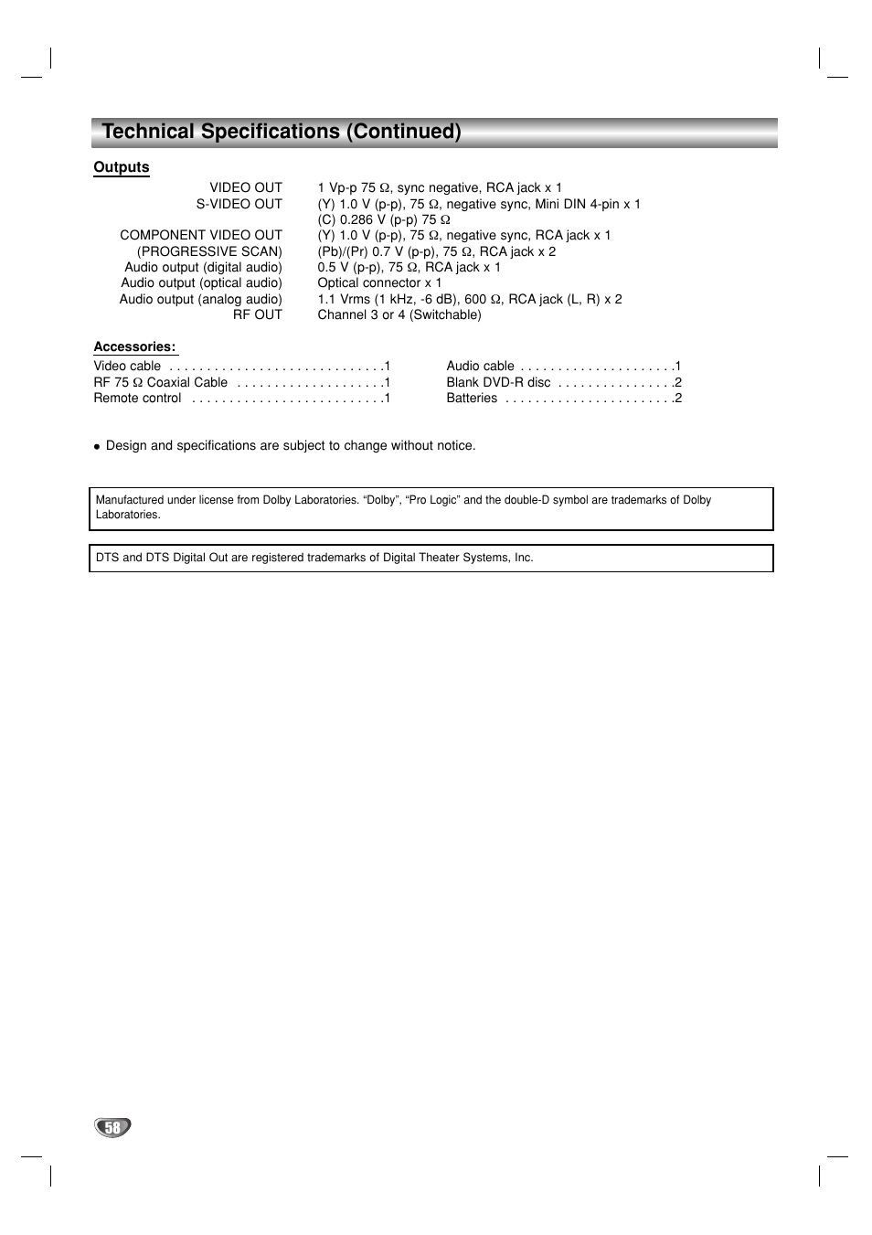 Technical specifications (continued) | GoVideo VR3930 User Manual | Page 58 / 60