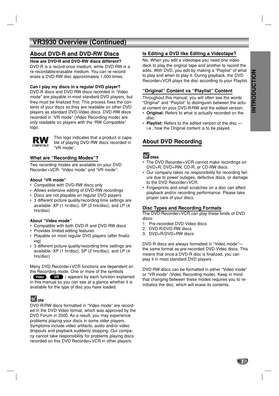 Vr3930 overview (continued), Introduction, About dvd-r and dvd-rw discs | About dvd recording | GoVideo VR3930 User Manual | Page 7 / 60