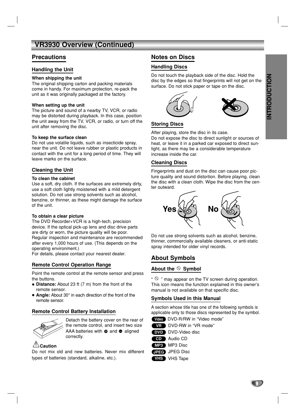 No yes, Vr3930 overview (continued), Introduction | Precautions, About symbols | GoVideo VR3930 User Manual | Page 9 / 60