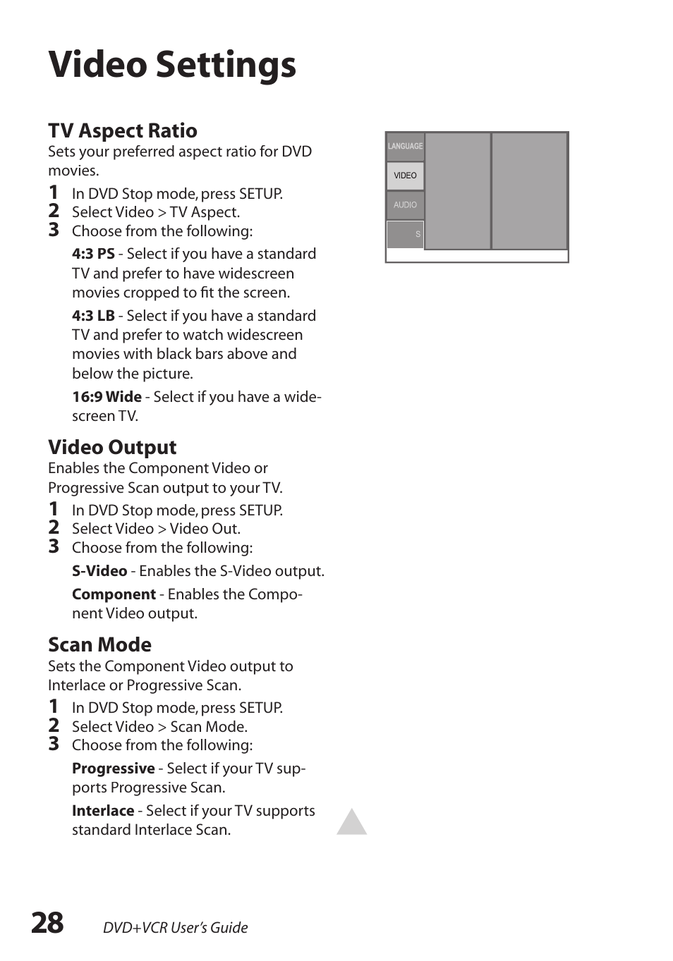 Video settings | GoVideo DV2150 User Manual | Page 28 / 48