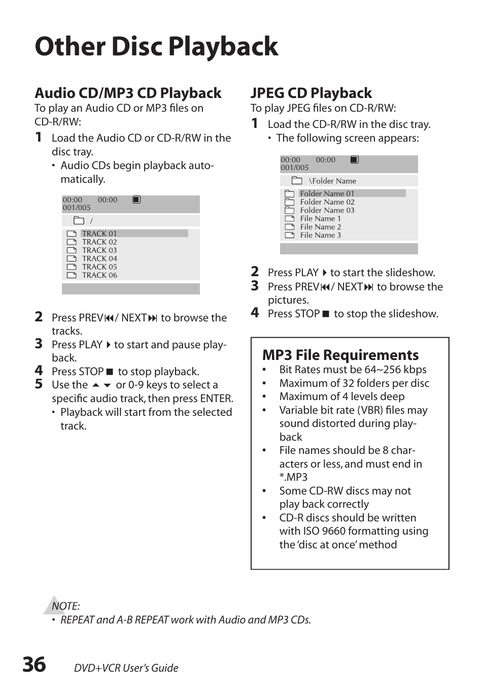 Other disc playback, Jpeg cd playback, Audio cd/mp3 cd playback | Mp3 file requirements | GoVideo DV2150 User Manual | Page 36 / 48