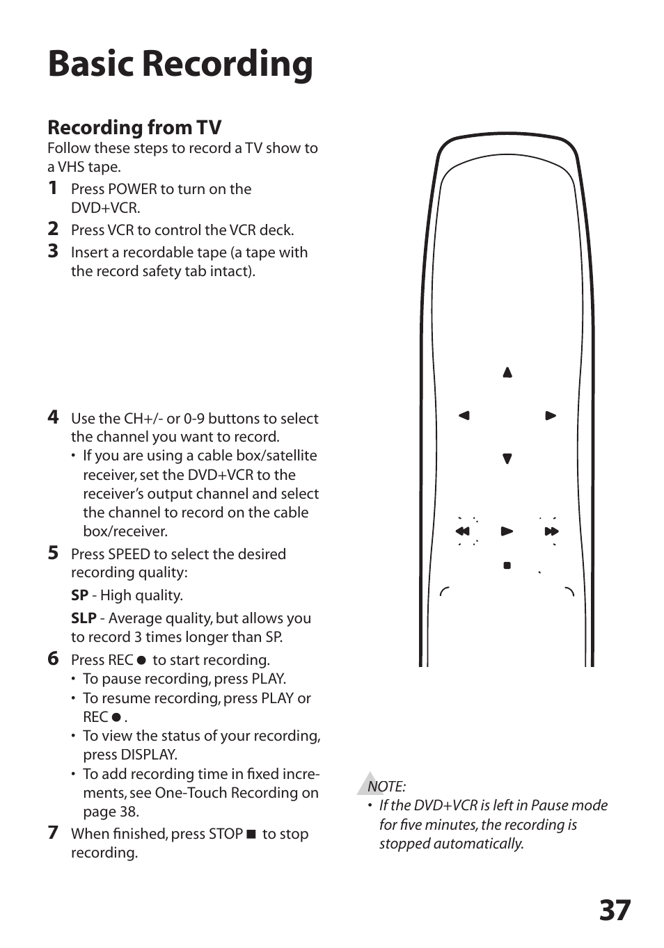 Basic recording, Recording from tv | GoVideo DV2150 User Manual | Page 37 / 48