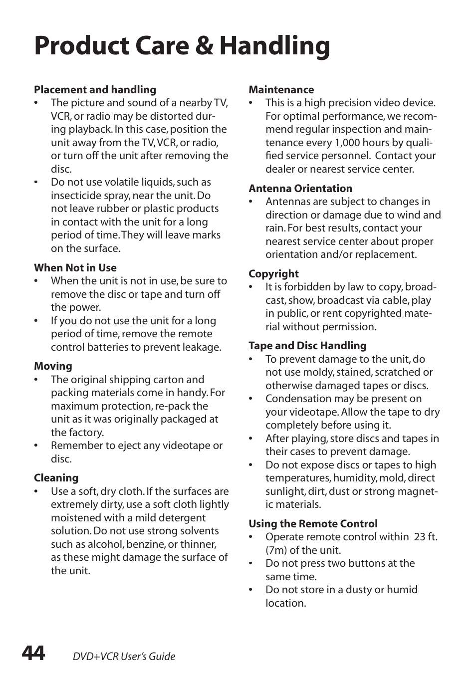 Product care & handling | GoVideo DV2150 User Manual | Page 44 / 48