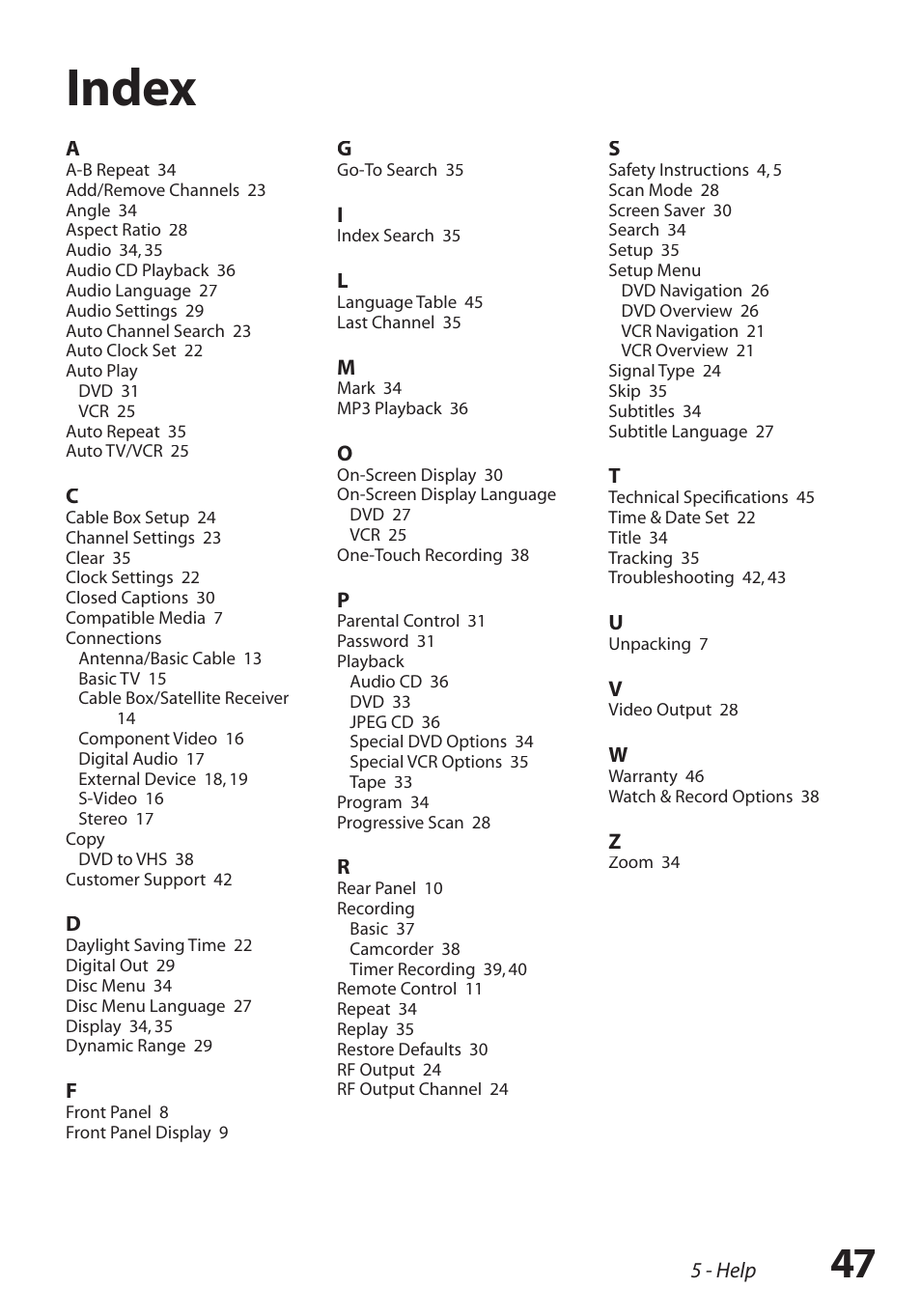 Index | GoVideo DV2150 User Manual | Page 47 / 48