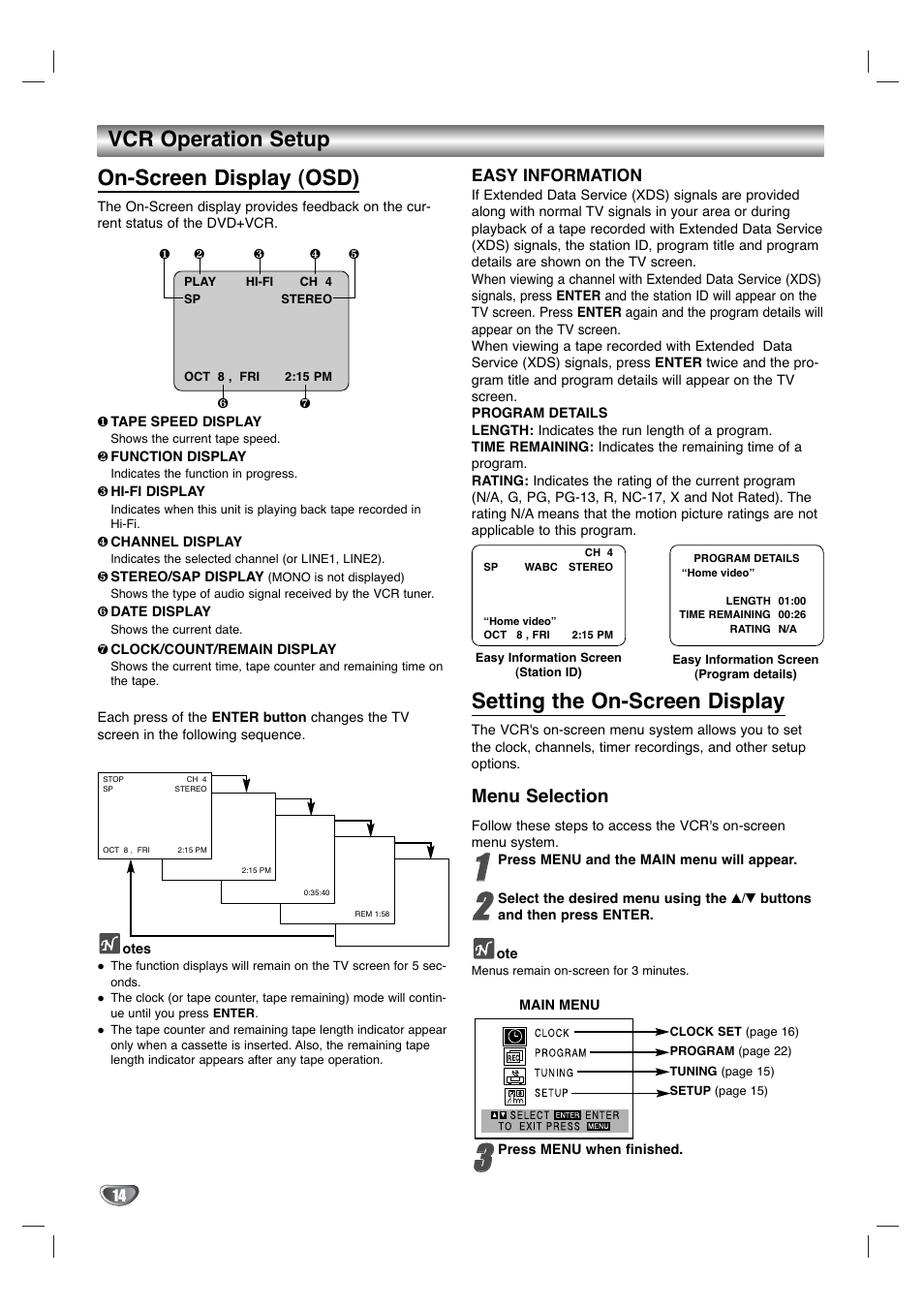 On-screen display (osd), Setting the on-screen display, Vcr operation setup | Menu selection | GoVideo DV3140 User Manual | Page 14 / 40