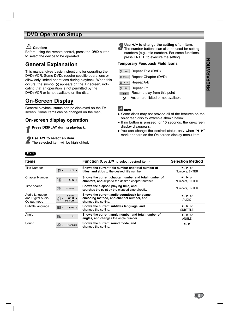 Dvd operation setup, General explanation, On-screen display | Prep ara tion, On-screen display operation | GoVideo DV3140 User Manual | Page 17 / 40
