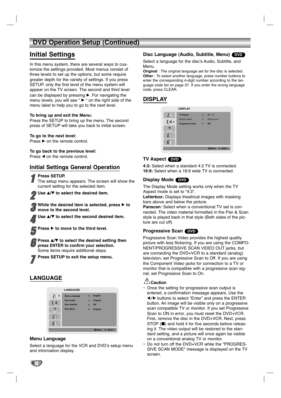 Dvd operation setup (continued) initial settings | GoVideo DV3140 User Manual | Page 18 / 40