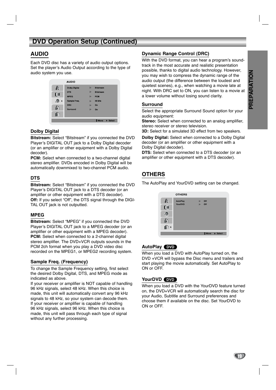 Dvd operation setup (continued), Prep ara tion, Audio | Others | GoVideo DV3140 User Manual | Page 19 / 40