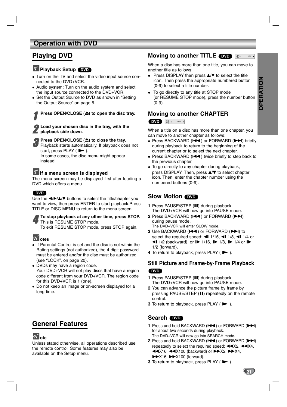 Operation with dvd playing dvd, General features | GoVideo DV3140 User Manual | Page 27 / 40