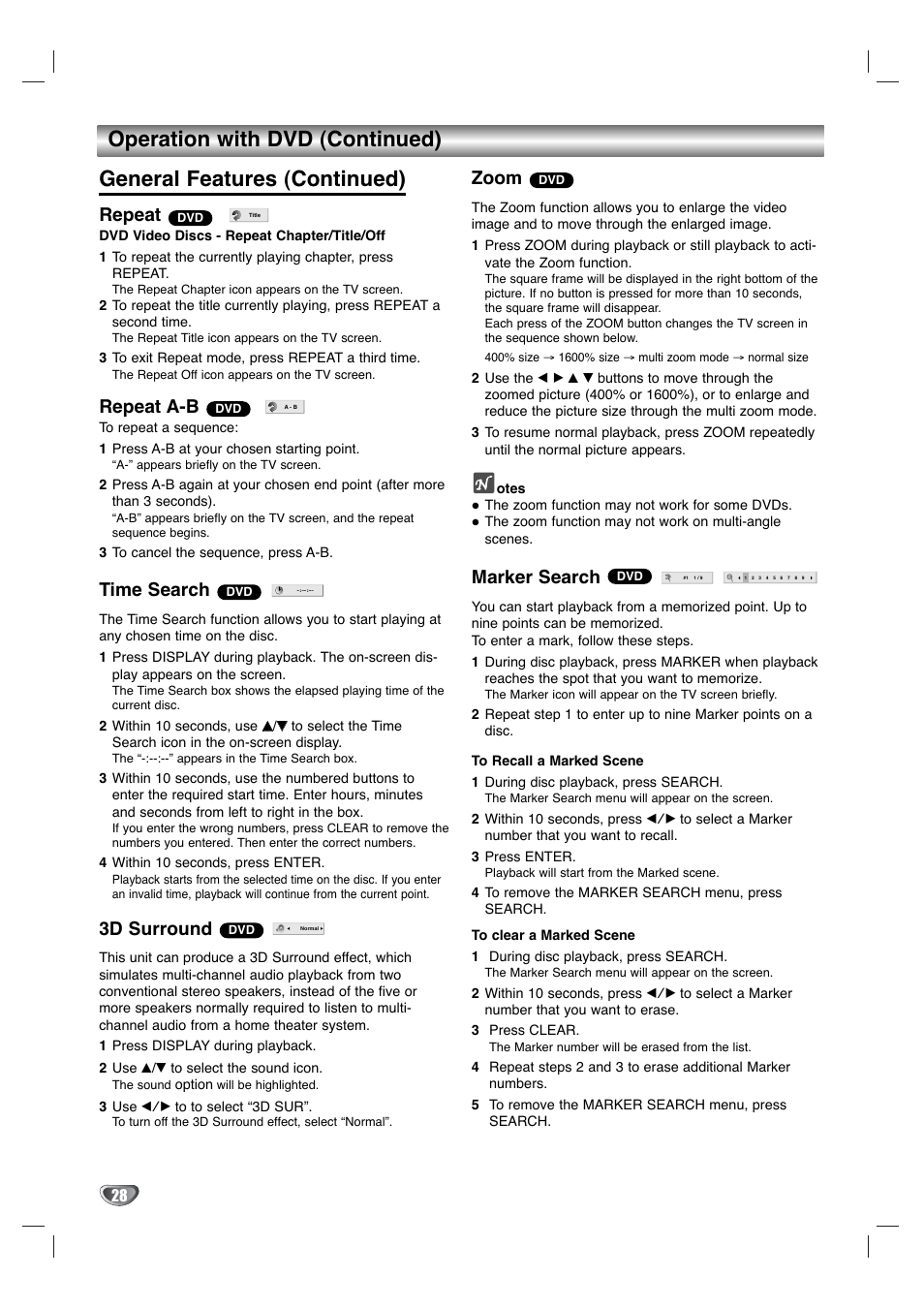 Repeat, Repeat a-b, Time search | 3d surround, Zoom, Marker search | GoVideo DV3140 User Manual | Page 28 / 40