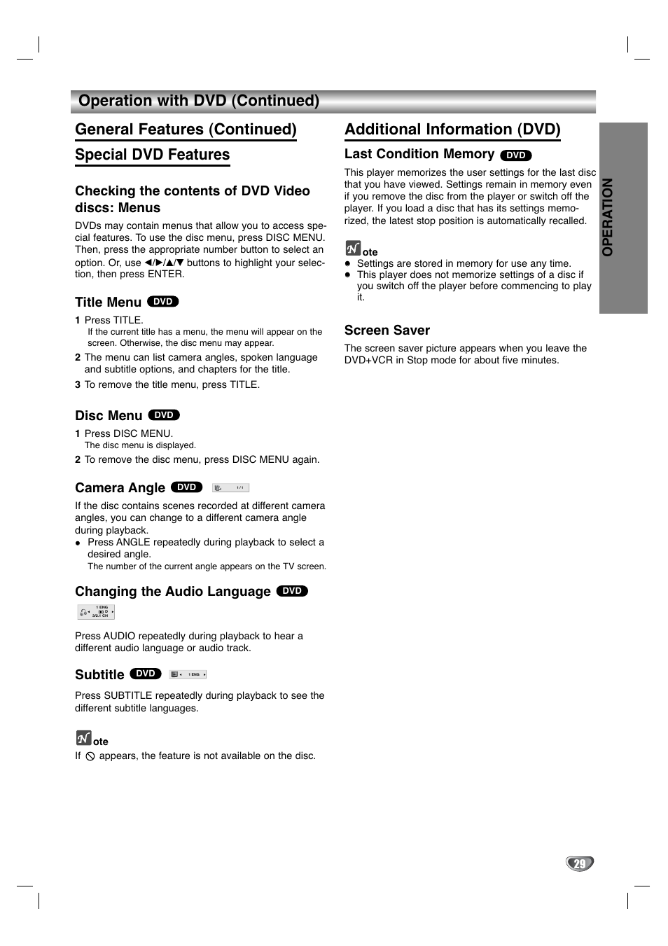 Additional information (dvd), Opera tion, Checking the contents of dvd video discs: menus | Title menu, Disc menu, Camera angle, Changing the audio language, Subtitle, Screen saver | GoVideo DV3140 User Manual | Page 29 / 40