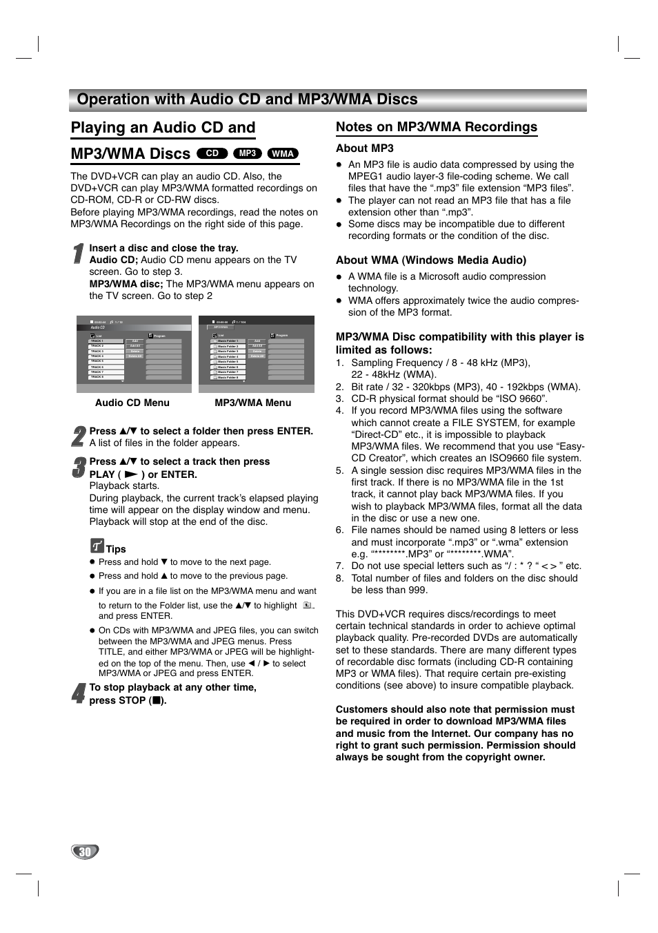 About mp3, About wma (windows media audio) | GoVideo DV3140 User Manual | Page 30 / 40