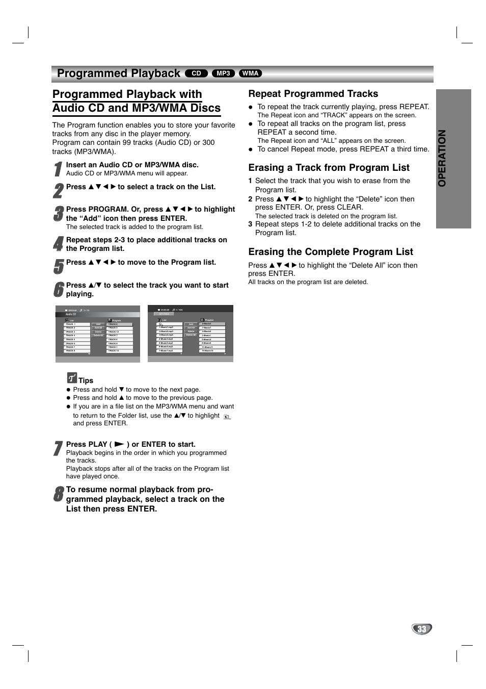 Programmed playback, Repeat programmed tracks, Erasing a track from program list | Erasing the complete program list, Opera tion | GoVideo DV3140 User Manual | Page 33 / 40