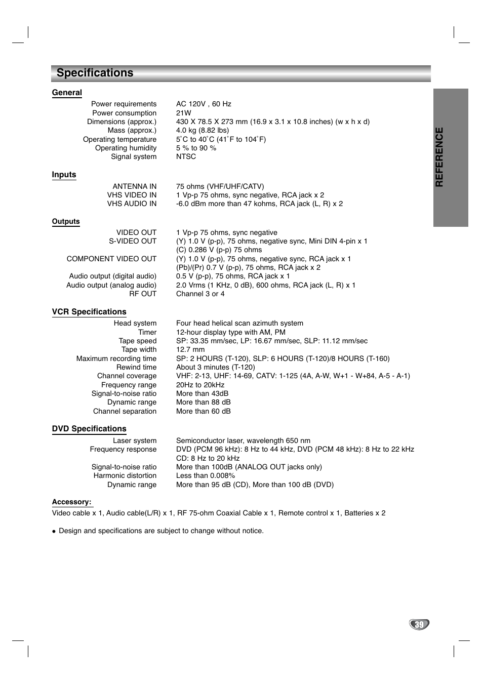 Specifications, Reference | GoVideo DV3140 User Manual | Page 39 / 40