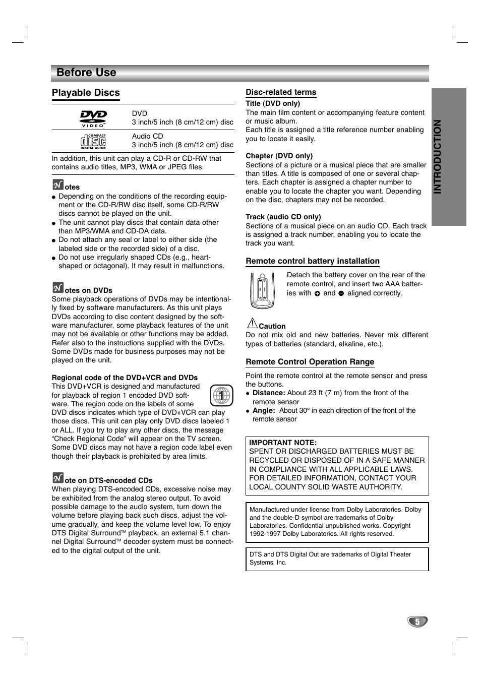 Before use, Introduction, Playable discs | GoVideo DV3140 User Manual | Page 5 / 40