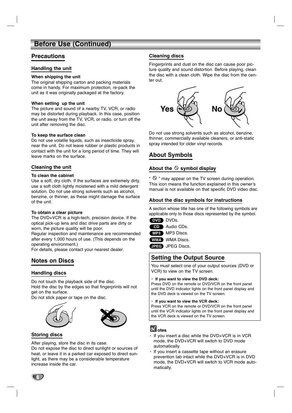 No yes, Before use (continued), Precautions | About symbols, Setting the output source | GoVideo DV3140 User Manual | Page 6 / 40