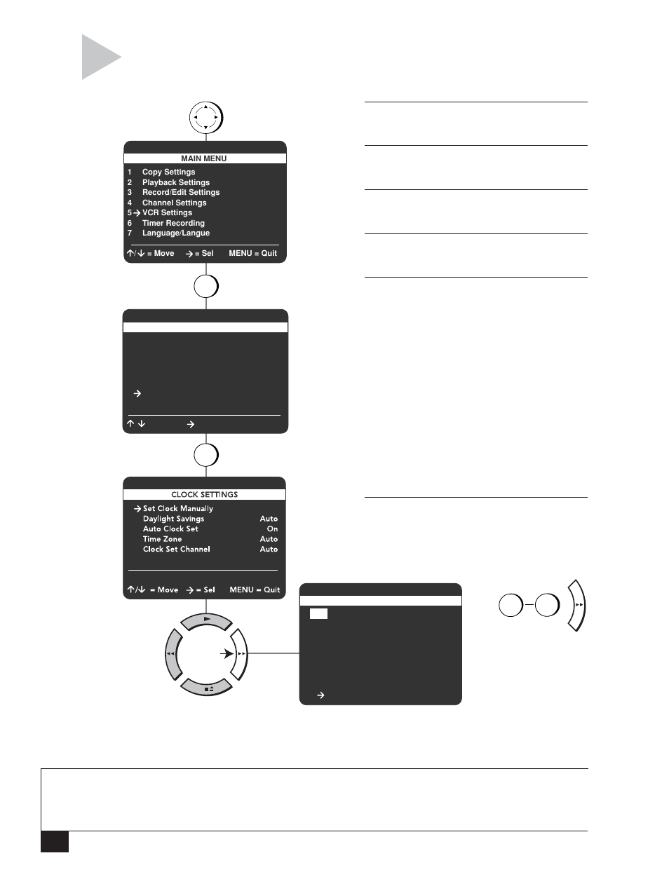 Manual clock settings, Dual-deck vcr user’s guide, Press menu | Press 5, Press 6, Press the right arrow key | GoVideo DDV3110 User Manual | Page 44 / 56