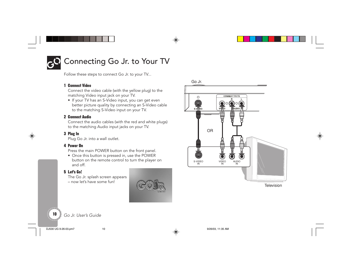 Connecting go jr. to your tv | GoVideo DJ530 User Manual | Page 10 / 28