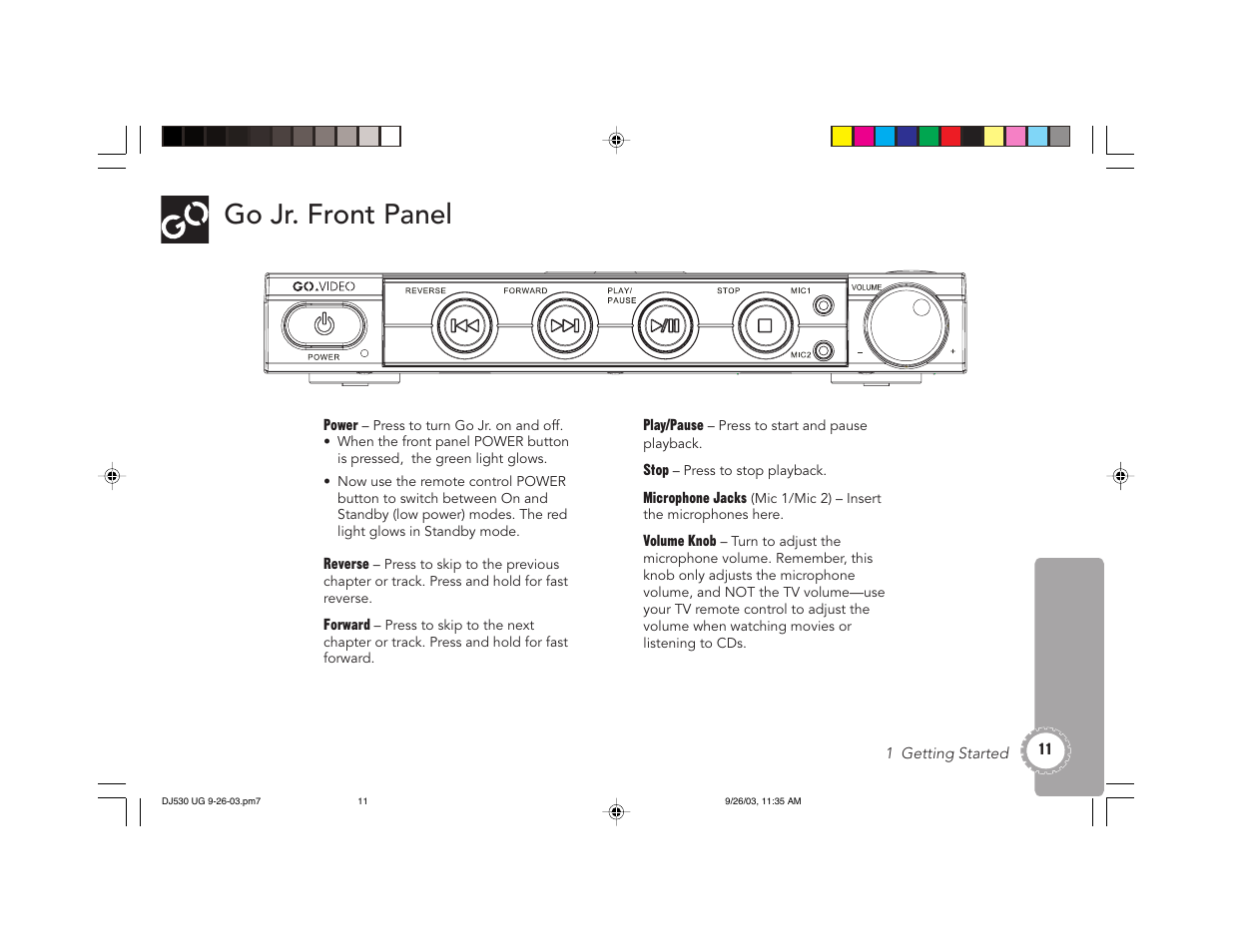 Go jr. front panel | GoVideo DJ530 User Manual | Page 11 / 28