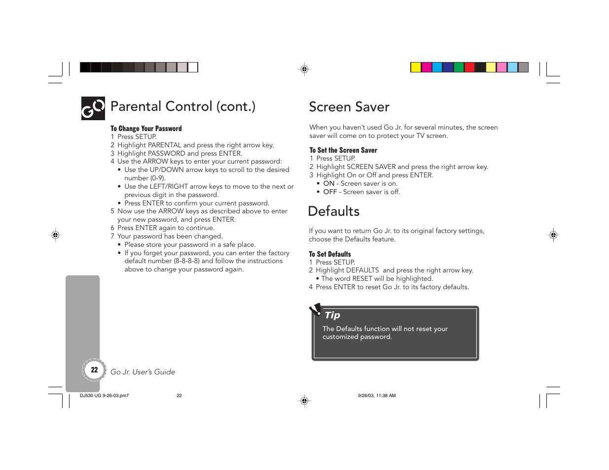 Screen saver defaults, Parental control (cont.) | GoVideo DJ530 User Manual | Page 22 / 28