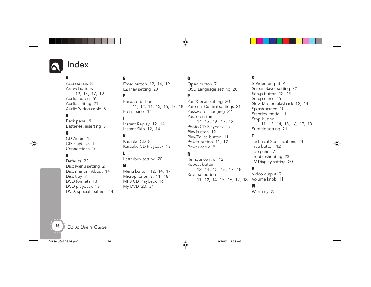 Index | GoVideo DJ530 User Manual | Page 26 / 28