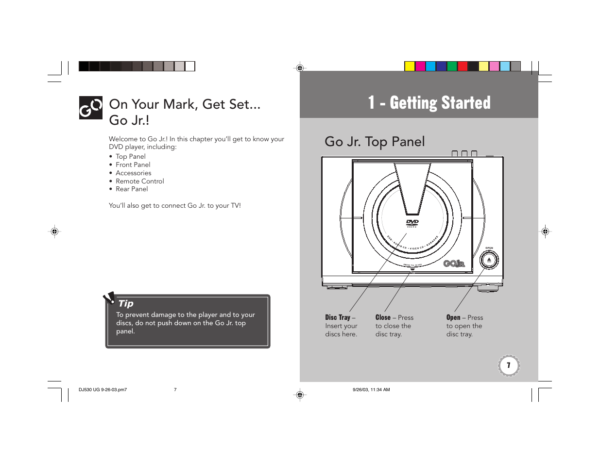 1 - getting started, On your mark, get set... go jr, Go jr. top panel | GoVideo DJ530 User Manual | Page 7 / 28