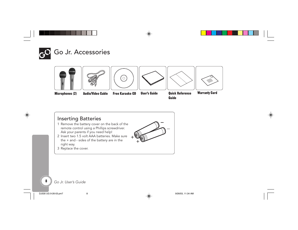 Go jr. accessories, Inserting batteries | GoVideo DJ530 User Manual | Page 8 / 28