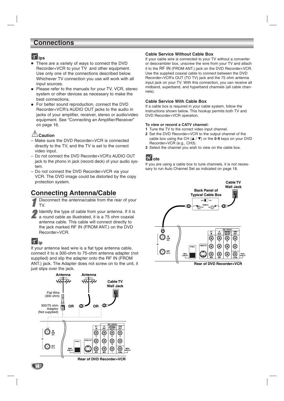 Connections, Connecting antenna/cable | GoVideo VR3845 User Manual | Page 14 / 66