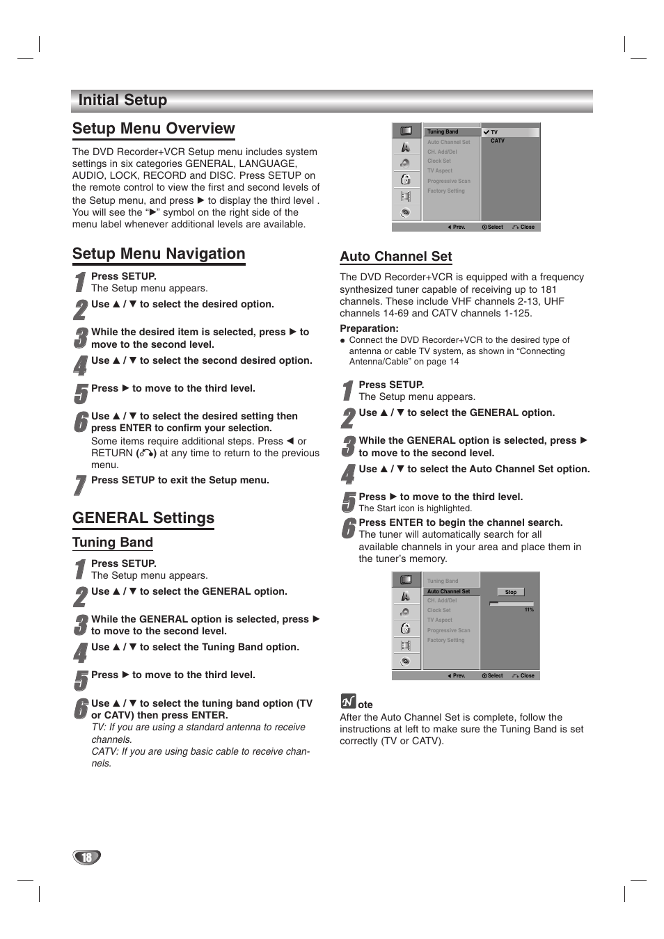 Setup menu overview, Setup menu navigation, General settings | Initial setup, Tuning band, Auto channel set | GoVideo VR3845 User Manual | Page 18 / 66
