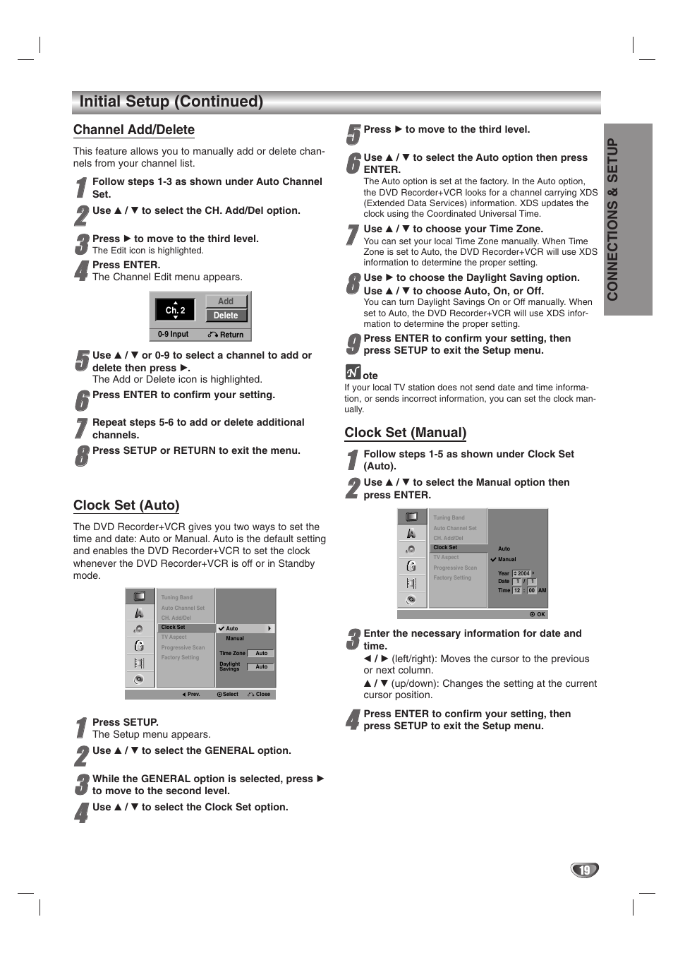Initial setup (continued), Channel add/delete, Clock set (auto) | Clock set (manual), Connections & setup | GoVideo VR3845 User Manual | Page 19 / 66