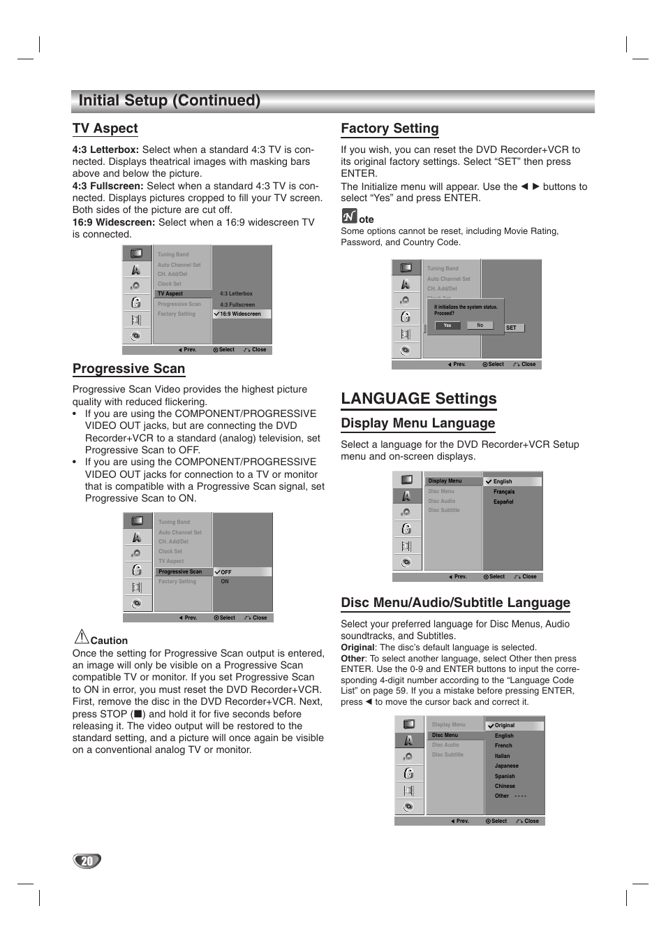 Initial setup (continued), Language settings, Tv aspect | Progressive scan, Factory setting, Display menu language, Disc menu/audio/subtitle language | GoVideo VR3845 User Manual | Page 20 / 66