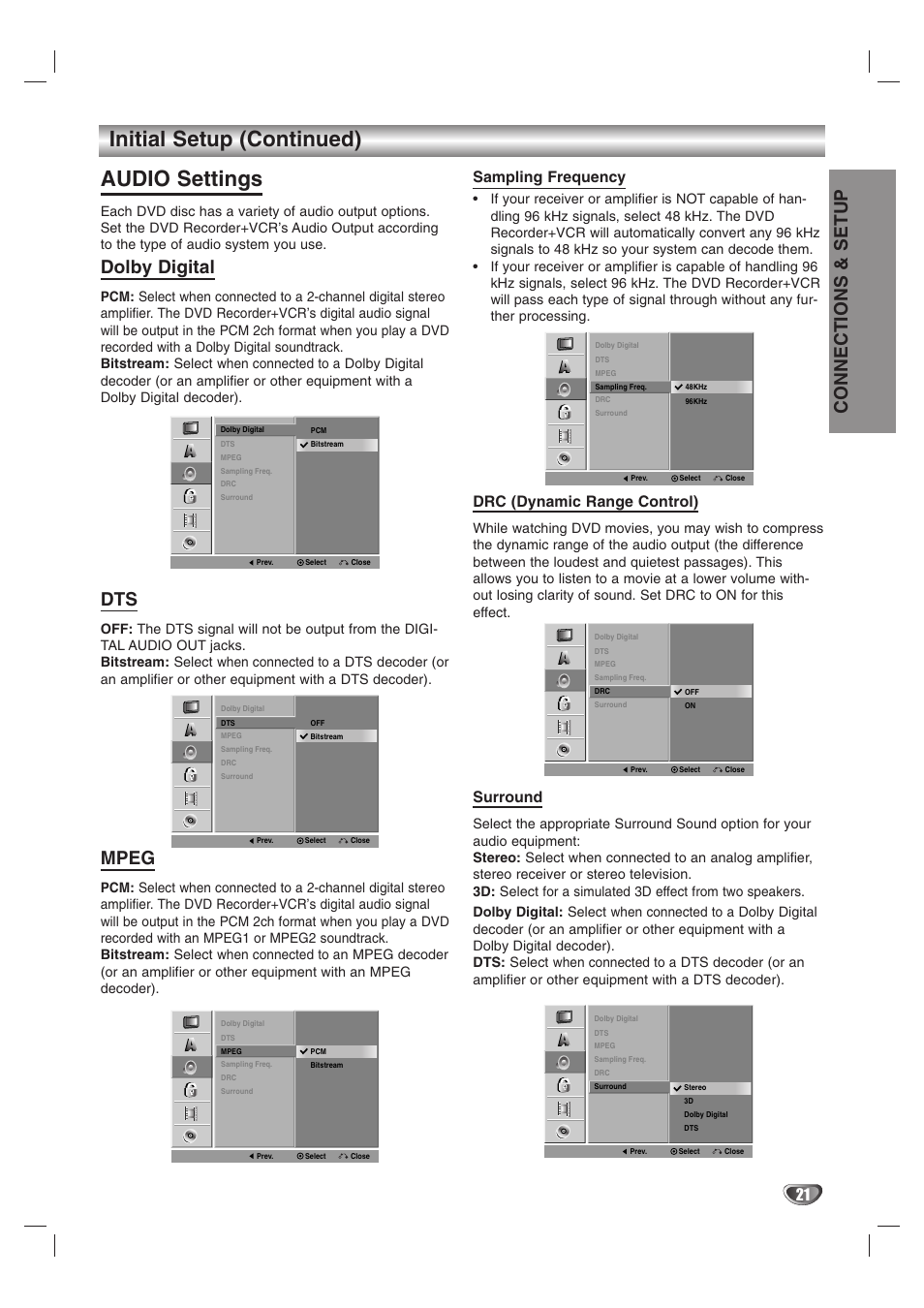 Initial setup (continued) audio settings, Connections & setup, Dolby digital | Mpeg, Sampling frequency, Drc (dynamic range control), Surround | GoVideo VR3845 User Manual | Page 21 / 66