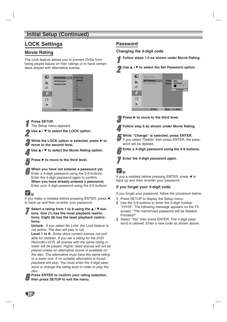 Initial setup (continued) lock settings | GoVideo VR3845 User Manual | Page 22 / 66