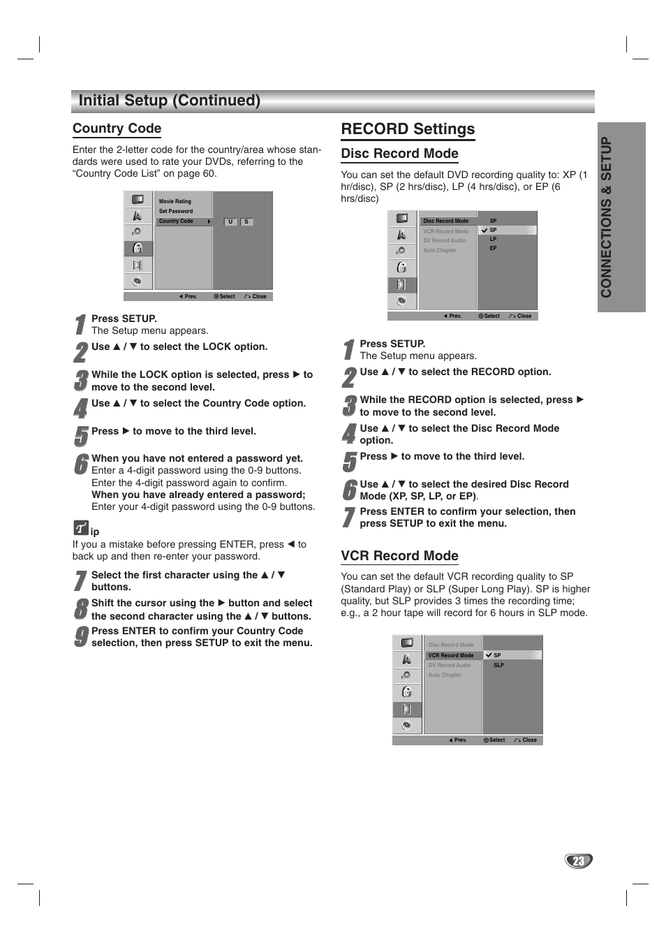 Initial setup (continued), Record settings, Country code | Disc record mode, Vcr record mode, Connections & setup | GoVideo VR3845 User Manual | Page 23 / 66