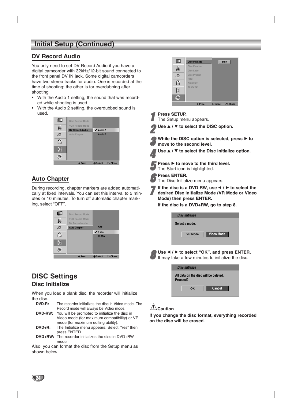 Disc settings, Initial setup (continued), Dv record audio | Auto chapter, Disc initialize | GoVideo VR3845 User Manual | Page 24 / 66