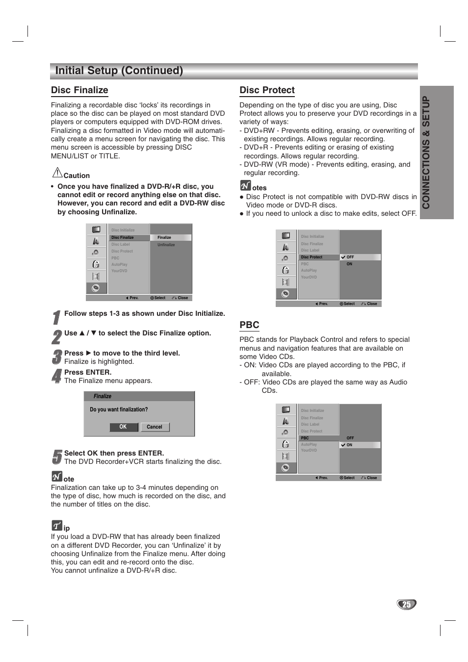 Initial setup (continued), Disc finalize, Disc protect | Connections & setup | GoVideo VR3845 User Manual | Page 25 / 66
