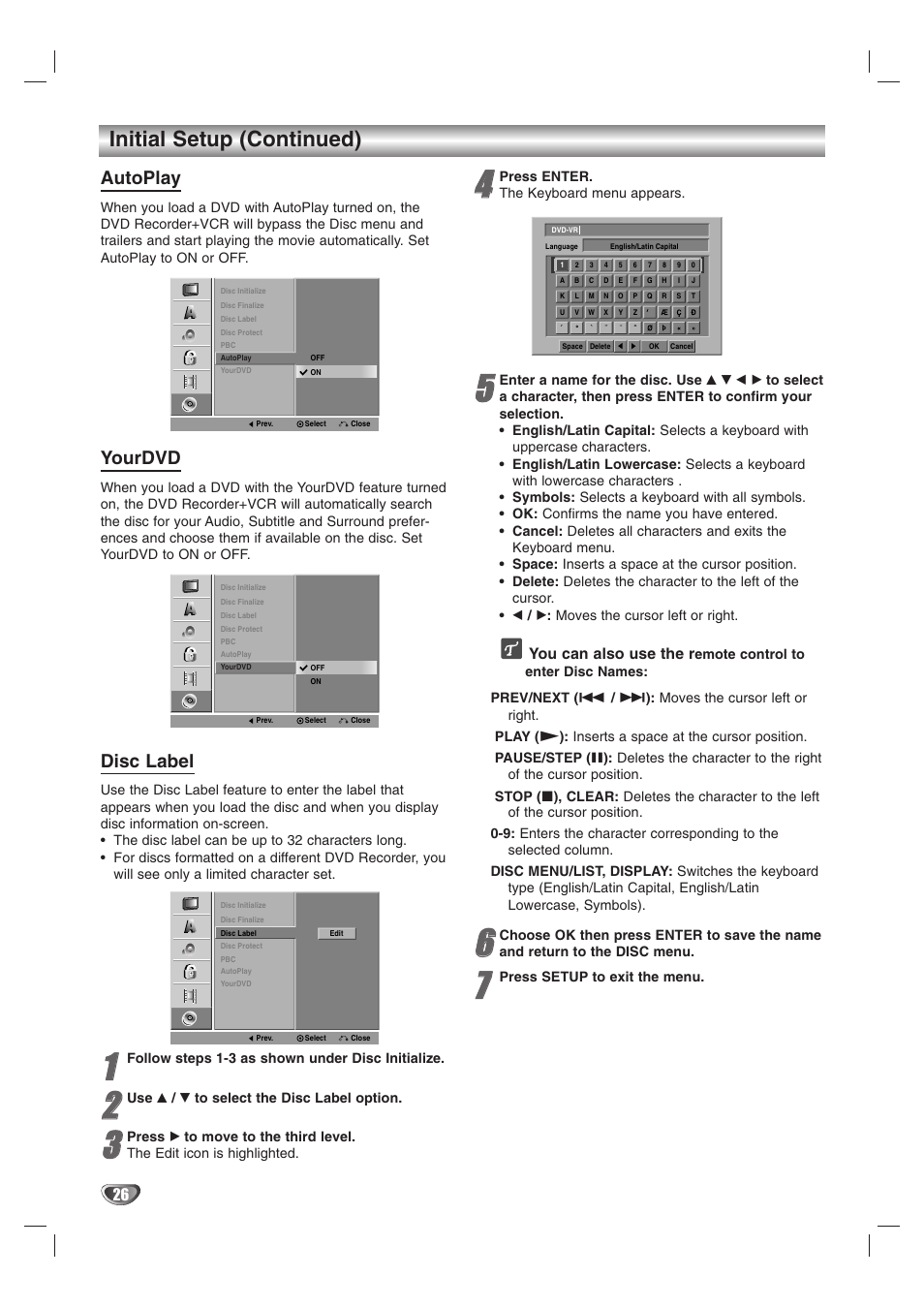 Initial setup (continued), Autoplay, Yourdvd | Disc label, You can also use the r | GoVideo VR3845 User Manual | Page 26 / 66