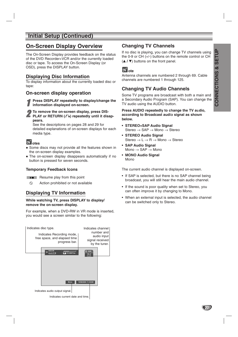 Connections & setup, Displaying disc information, On-screen display operation | Displaying tv information, Changing tv channels, Changing tv audio channels | GoVideo VR3845 User Manual | Page 27 / 66