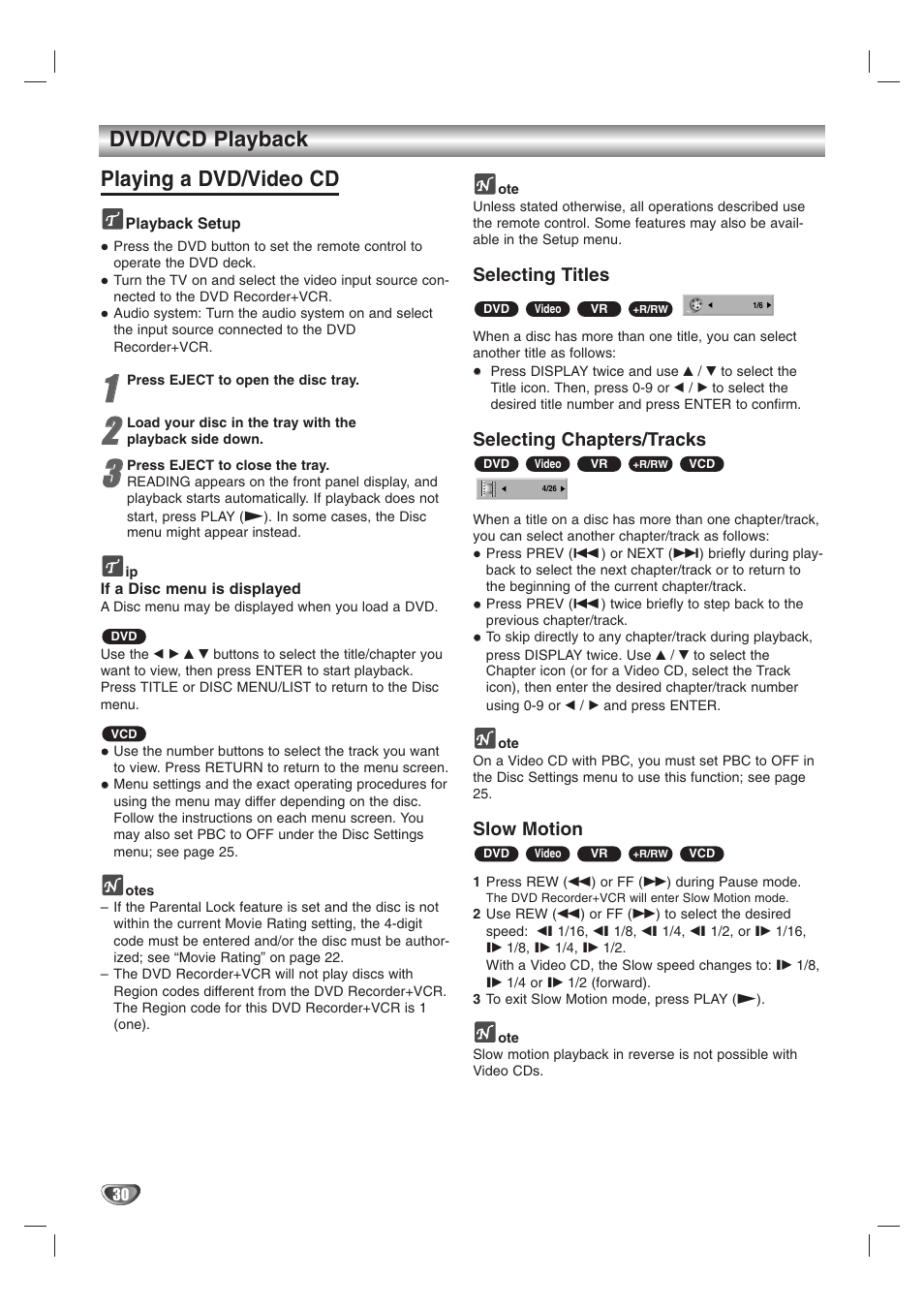 Dvd/vcd playback playing a dvd/video cd, Selecting titles, Selecting chapters/tracks | Slow motion | GoVideo VR3845 User Manual | Page 30 / 66