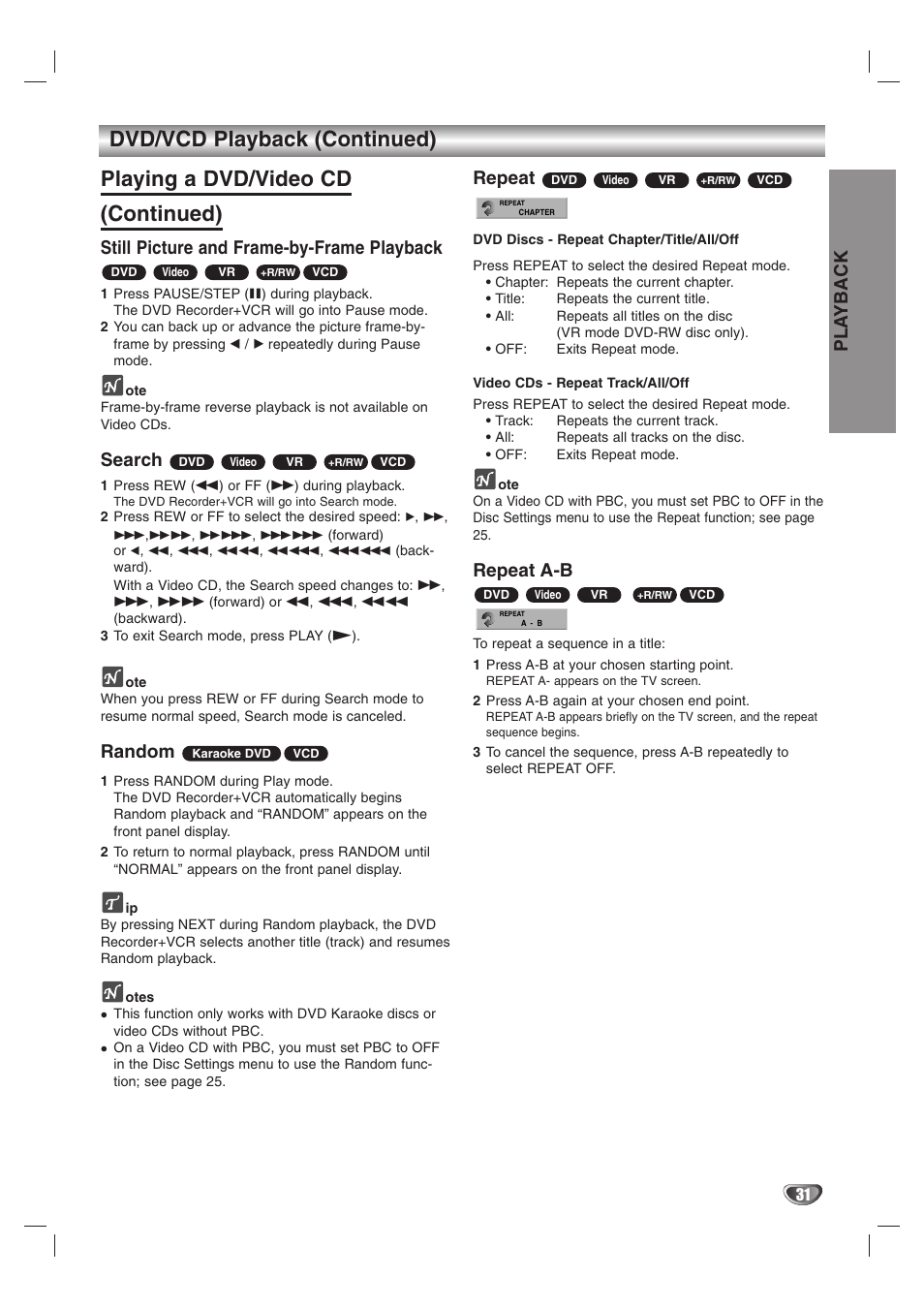 Pla yback, Still picture and frame-by-frame playback, Search | Random, Repeat, Repeat a-b | GoVideo VR3845 User Manual | Page 31 / 66