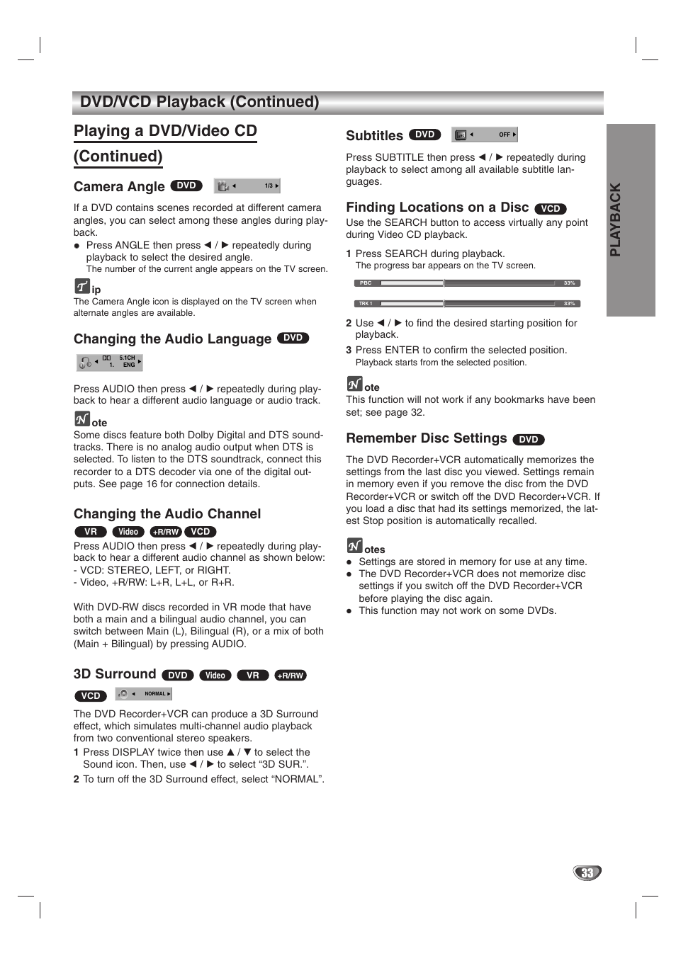 Pla yback, Camera angle, Changing the audio language | Changing the audio channel, 3d surround, Subtitles, Finding locations on a disc, Remember disc settings | GoVideo VR3845 User Manual | Page 33 / 66