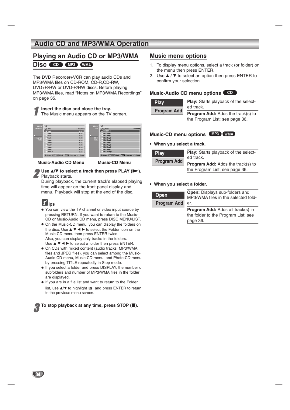 Music menu options, Play, Open | Music-audio cd menu options, Music-cd menu options, Program add, Program add play | GoVideo VR3845 User Manual | Page 34 / 66