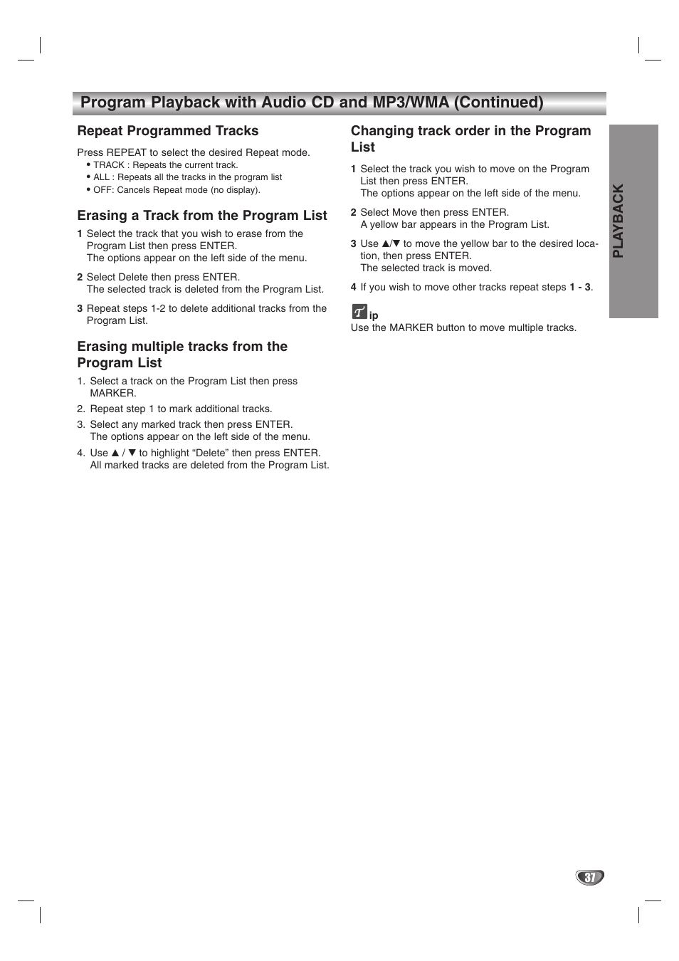 Pla yback, Repeat programmed tracks, Erasing a track from the program list | Erasing multiple tracks from the program list, Changing track order in the program list | GoVideo VR3845 User Manual | Page 37 / 66